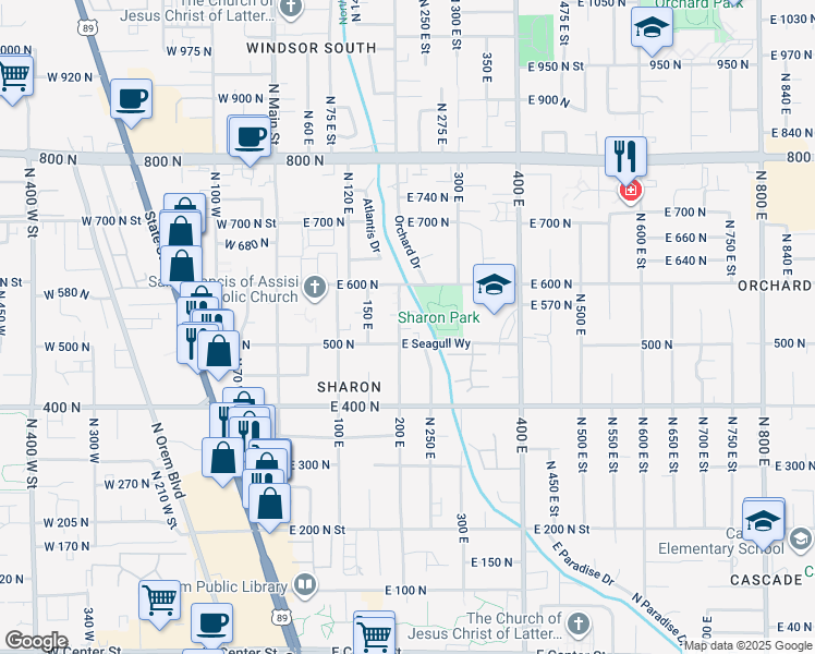 map of restaurants, bars, coffee shops, grocery stores, and more near 237 500 North in Orem