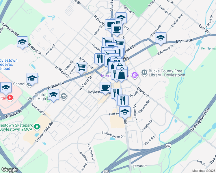 map of restaurants, bars, coffee shops, grocery stores, and more near 130 South Clinton Street in Doylestown