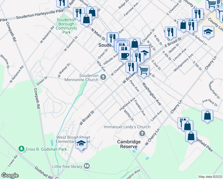 map of restaurants, bars, coffee shops, grocery stores, and more near in Souderton