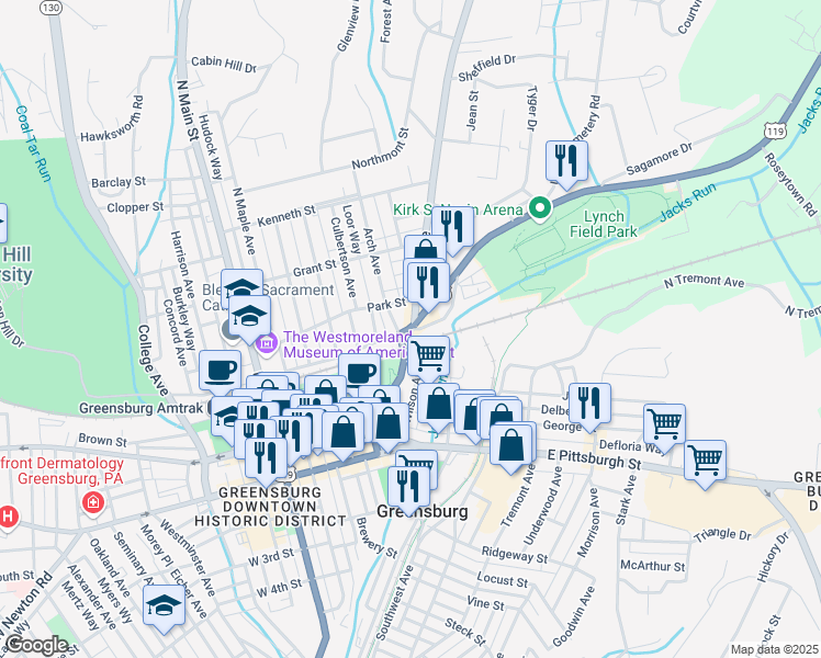map of restaurants, bars, coffee shops, grocery stores, and more near 404 New Alexandria Road in Greensburg