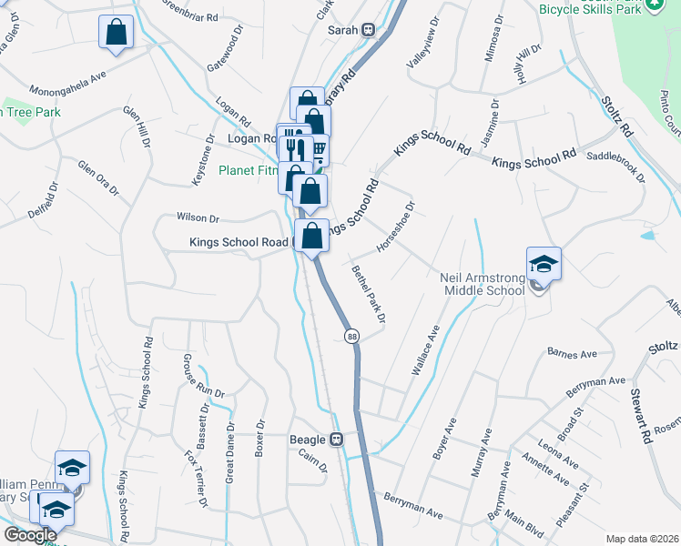 map of restaurants, bars, coffee shops, grocery stores, and more near 5928 Bethel Park Drive in Bethel Park