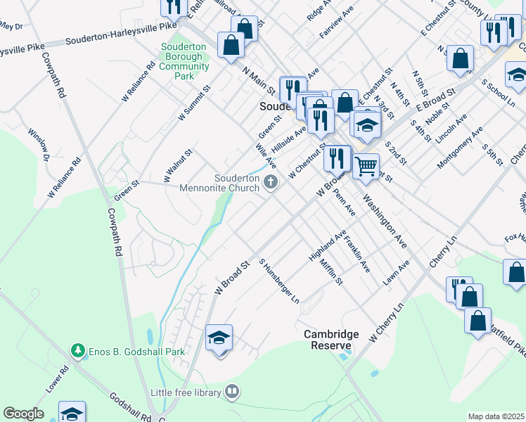 map of restaurants, bars, coffee shops, grocery stores, and more near 222 West Chestnut Street in Souderton