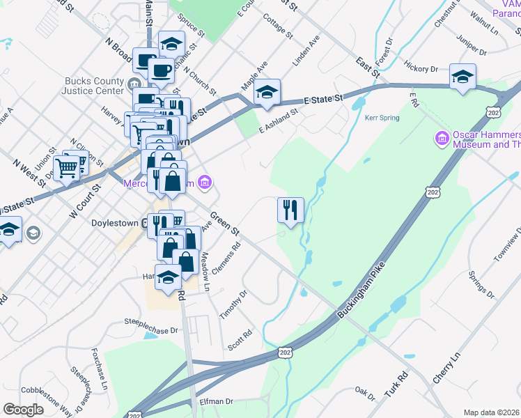 map of restaurants, bars, coffee shops, grocery stores, and more near 140 Hillendale Drive in Doylestown