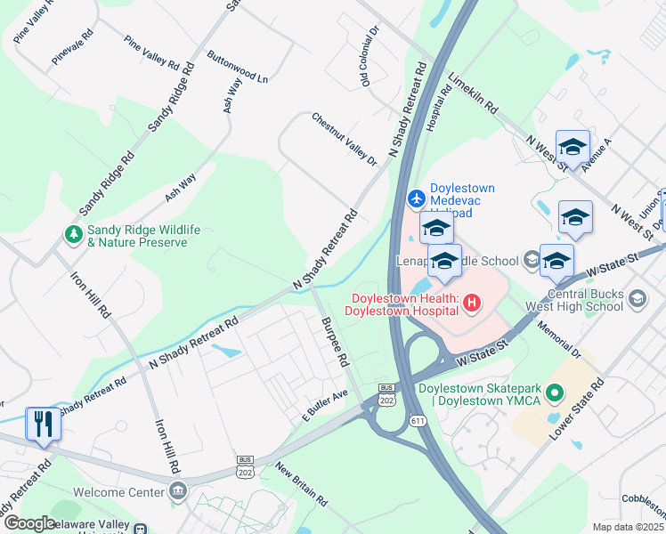 map of restaurants, bars, coffee shops, grocery stores, and more near 469 N Shady Retreat Rd in Doylestown