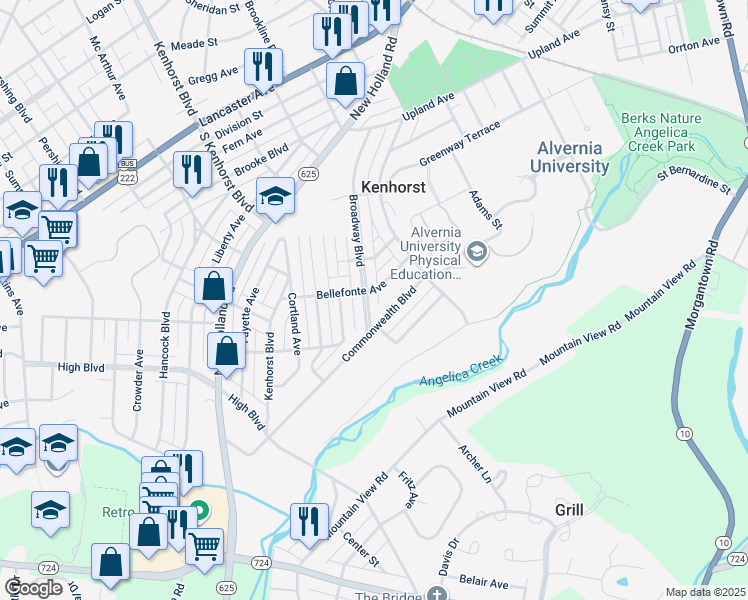 map of restaurants, bars, coffee shops, grocery stores, and more near 1308 Broadway Boulevard in Reading