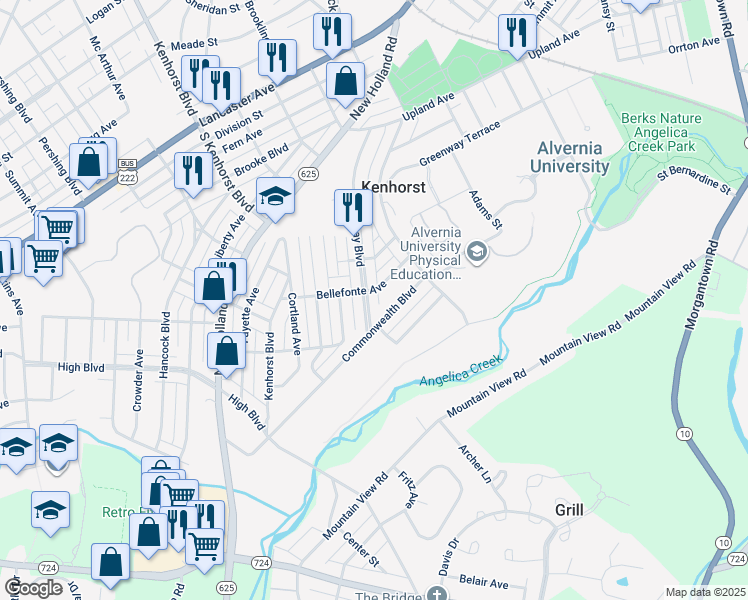 map of restaurants, bars, coffee shops, grocery stores, and more near 1308 Broadway Boulevard in Reading