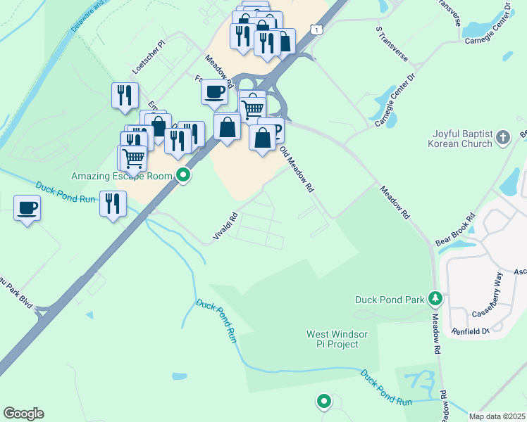 map of restaurants, bars, coffee shops, grocery stores, and more near 5202 Donatello Drive in Princeton