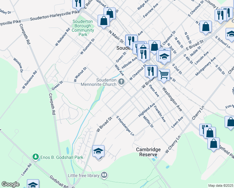 map of restaurants, bars, coffee shops, grocery stores, and more near 222 West Chestnut Street in Souderton