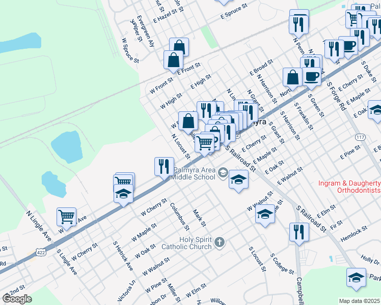 map of restaurants, bars, coffee shops, grocery stores, and more near 24 North Locust Street in Palmyra