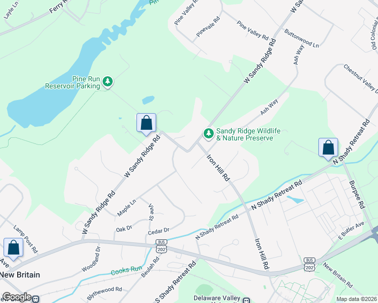 map of restaurants, bars, coffee shops, grocery stores, and more near 303 W Sandy Ridge Rd in Doylestown