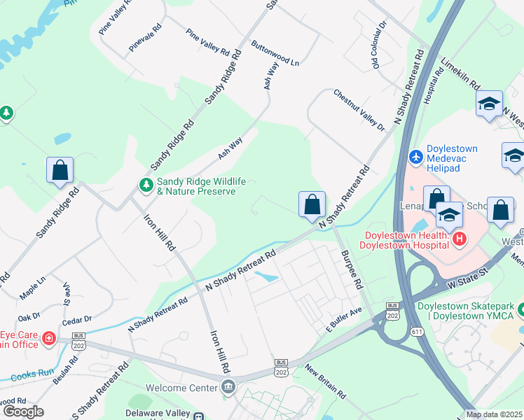 map of restaurants, bars, coffee shops, grocery stores, and more near 380 North Shady Retreat Road in Doylestown