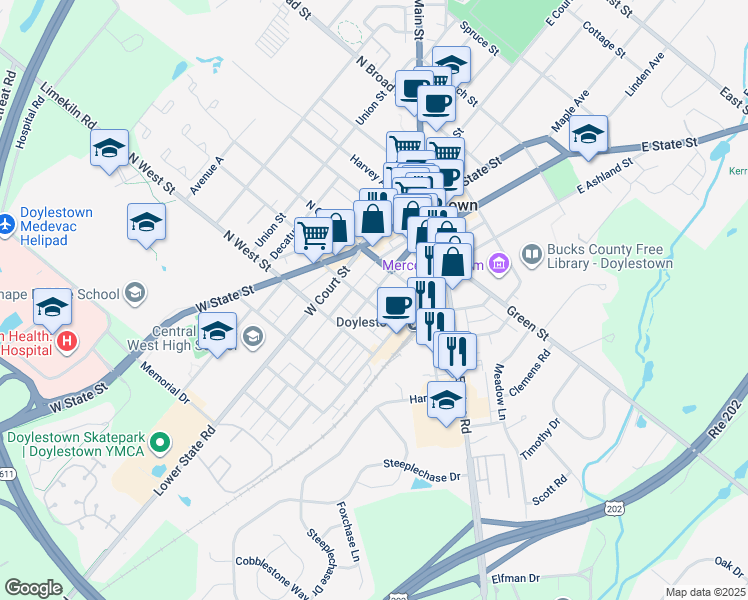 map of restaurants, bars, coffee shops, grocery stores, and more near 132 West Oakland Avenue in Doylestown