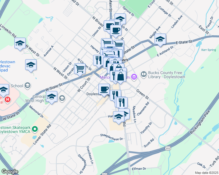 map of restaurants, bars, coffee shops, grocery stores, and more near 130 South Clinton Street in Doylestown