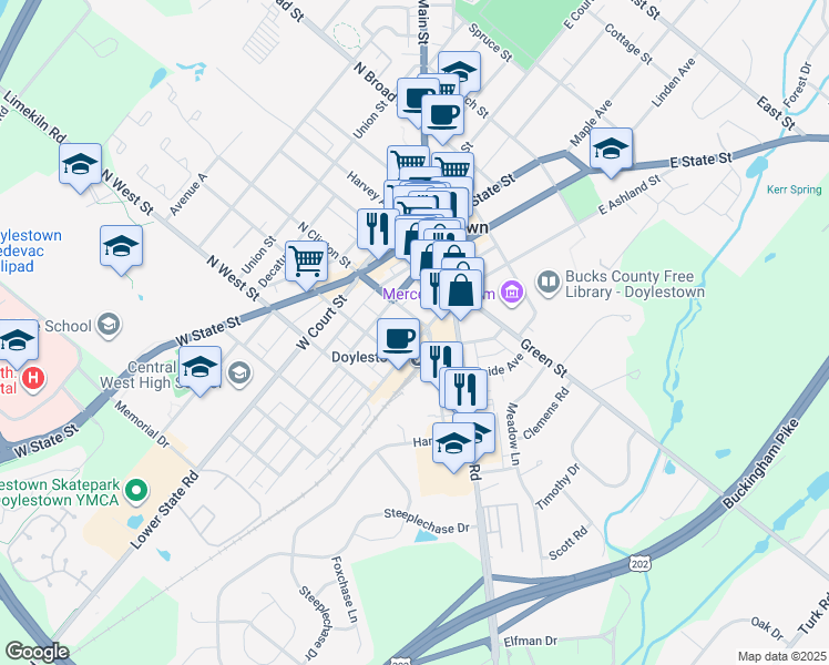 map of restaurants, bars, coffee shops, grocery stores, and more near 130 South Clinton Street in Doylestown