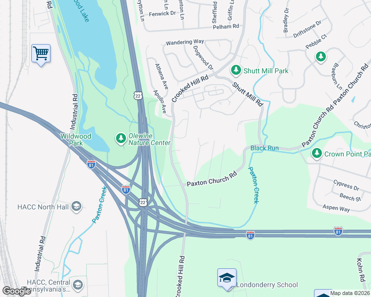 map of restaurants, bars, coffee shops, grocery stores, and more near 2832 Rose Hill Road in Harrisburg