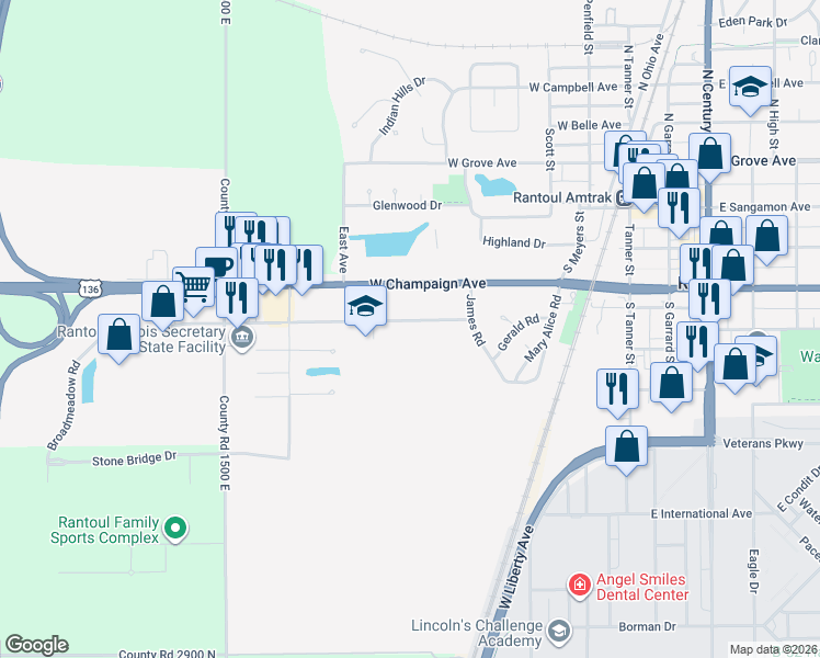 map of restaurants, bars, coffee shops, grocery stores, and more near 501 Broadmeadow Road in Rantoul