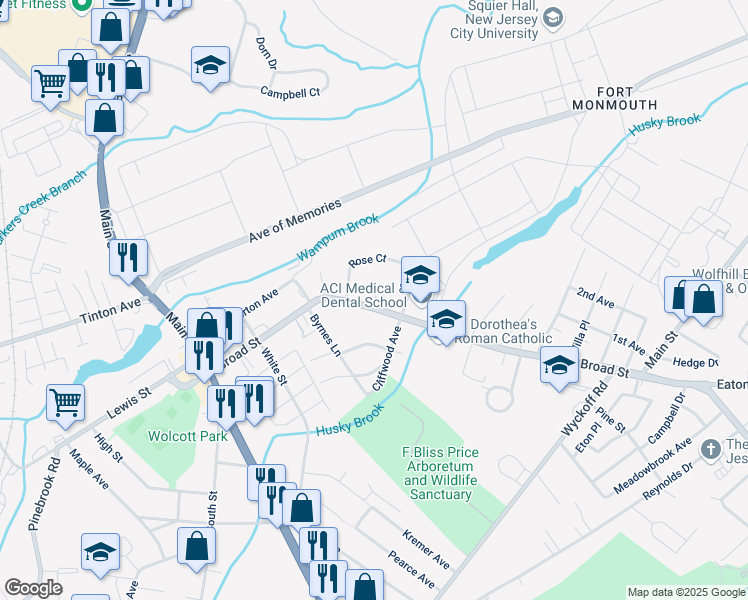 map of restaurants, bars, coffee shops, grocery stores, and more near 175 Broad Street in Eatontown