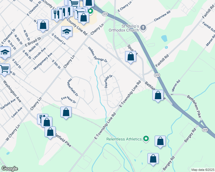 map of restaurants, bars, coffee shops, grocery stores, and more near 140 Deerfield Drive in Souderton