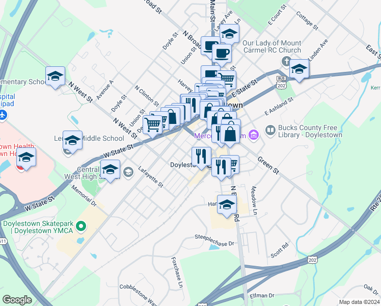 map of restaurants, bars, coffee shops, grocery stores, and more near 132 West Oakland Avenue in Doylestown