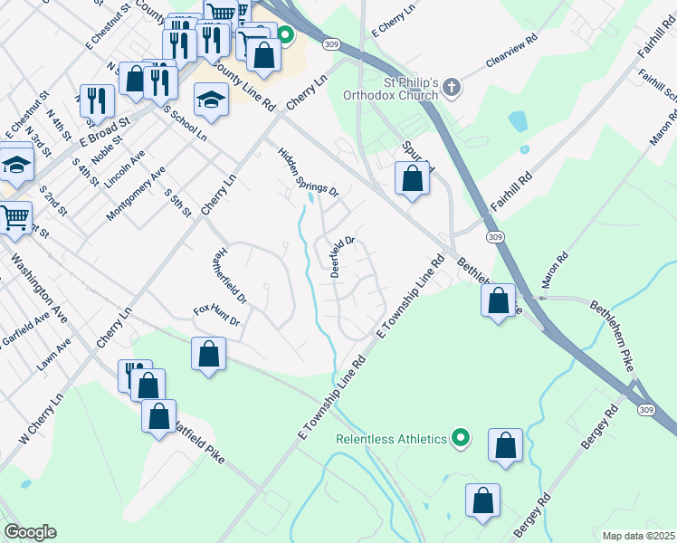 map of restaurants, bars, coffee shops, grocery stores, and more near 140 Deerfield Drive in Souderton