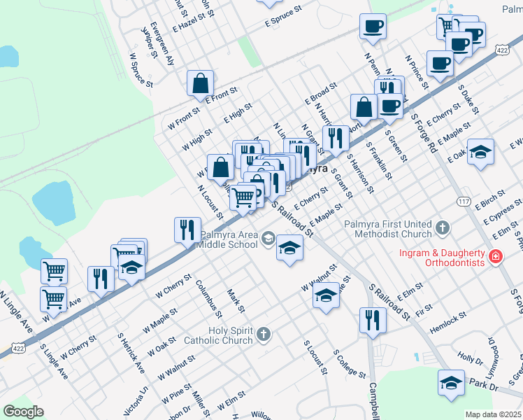 map of restaurants, bars, coffee shops, grocery stores, and more near 31 West Cherry Street in Palmyra