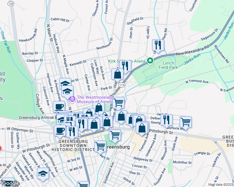 map of restaurants, bars, coffee shops, grocery stores, and more near 404 New Alexandria Road in Greensburg