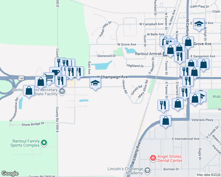 map of restaurants, bars, coffee shops, grocery stores, and more near 501 Broadmeadow Road in Rantoul