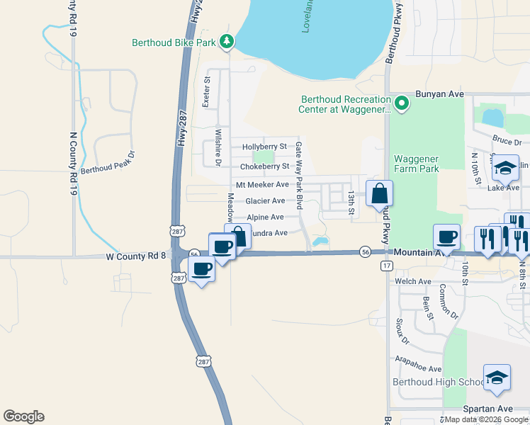 map of restaurants, bars, coffee shops, grocery stores, and more near 1601 Alpine Avenue in Berthoud