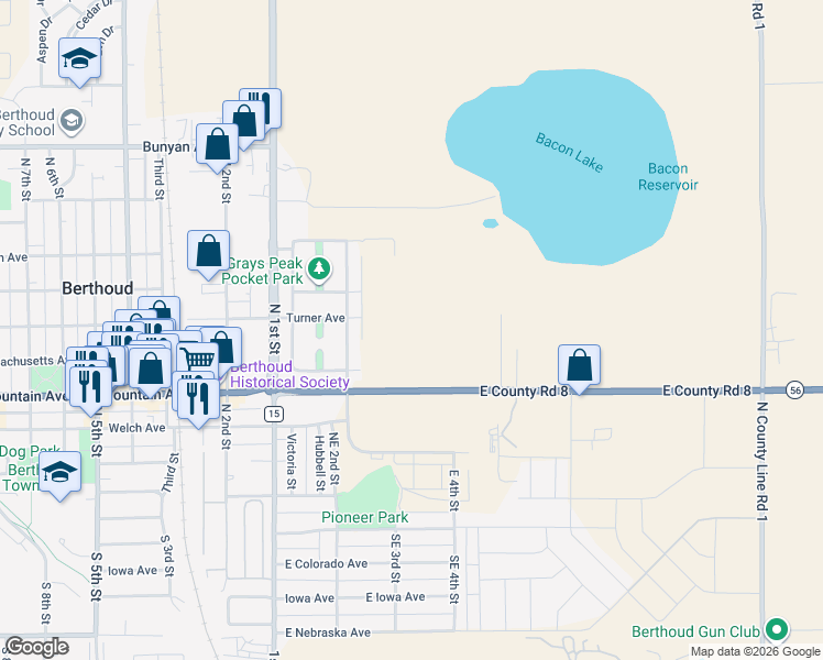 map of restaurants, bars, coffee shops, grocery stores, and more near 404 East Co Road 8 in Berthoud