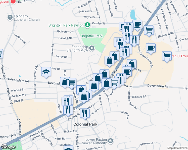 map of restaurants, bars, coffee shops, grocery stores, and more near 4914 Orchard Street in Harrisburg