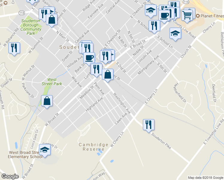 map of restaurants, bars, coffee shops, grocery stores, and more near 101 Washington Avenue in Souderton