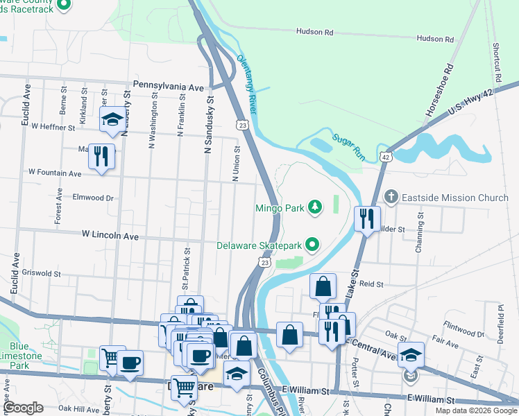 map of restaurants, bars, coffee shops, grocery stores, and more near 40 Blymer Street in Delaware
