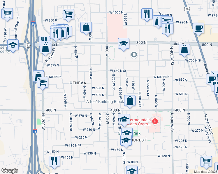 map of restaurants, bars, coffee shops, grocery stores, and more near 496 Beverly Avenue in Orem