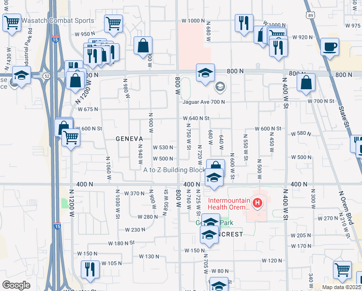 map of restaurants, bars, coffee shops, grocery stores, and more near 496 Beverly Avenue in Orem