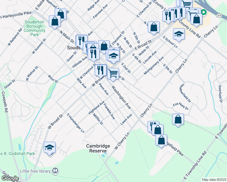 map of restaurants, bars, coffee shops, grocery stores, and more near 118 Washington Avenue in Souderton