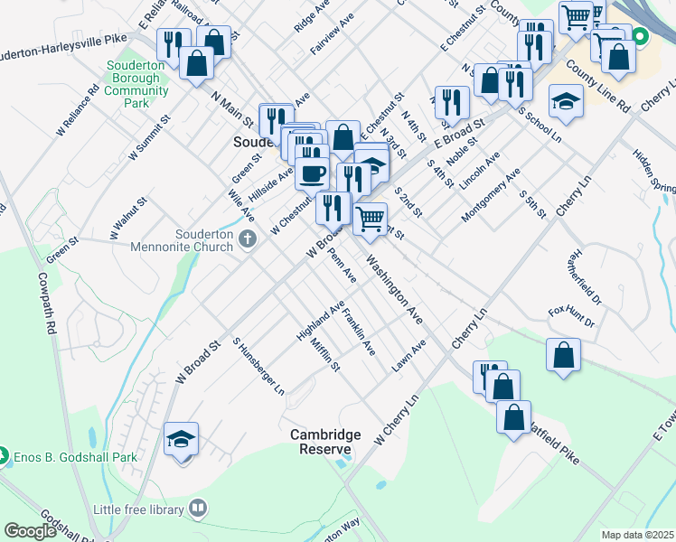 map of restaurants, bars, coffee shops, grocery stores, and more near 32 Franklin Avenue in Souderton