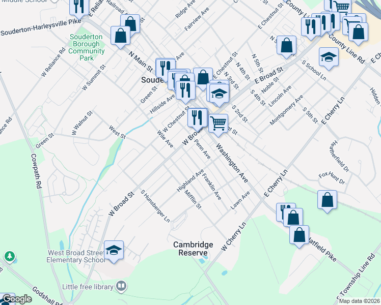 map of restaurants, bars, coffee shops, grocery stores, and more near 32 Franklin Avenue in Souderton