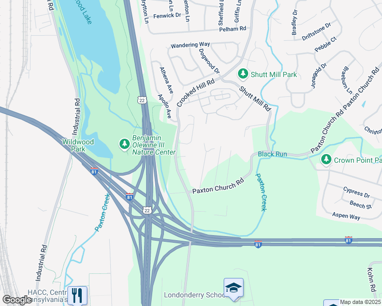map of restaurants, bars, coffee shops, grocery stores, and more near 2832 Rose Hill Road in Harrisburg
