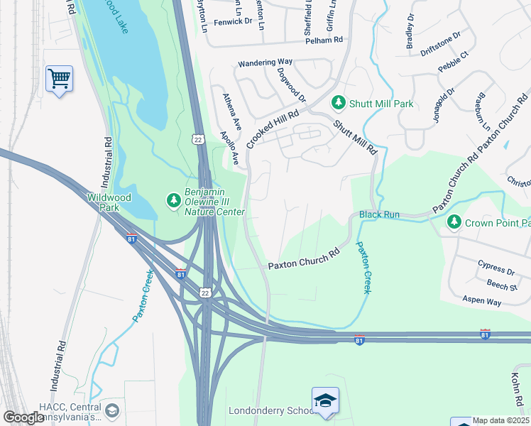 map of restaurants, bars, coffee shops, grocery stores, and more near 2832 Rose Hill Road in Harrisburg