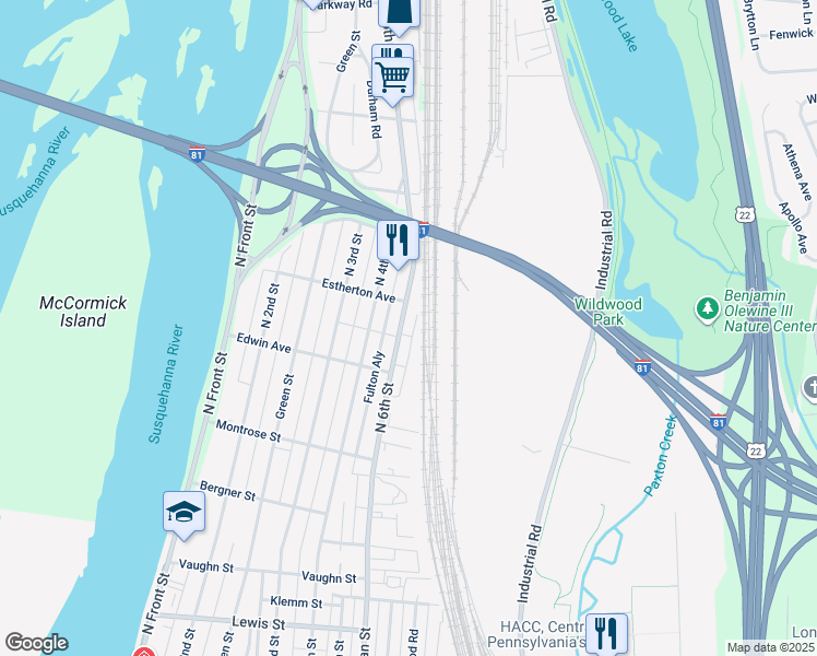 map of restaurants, bars, coffee shops, grocery stores, and more near 3625 North 6th Street in Harrisburg