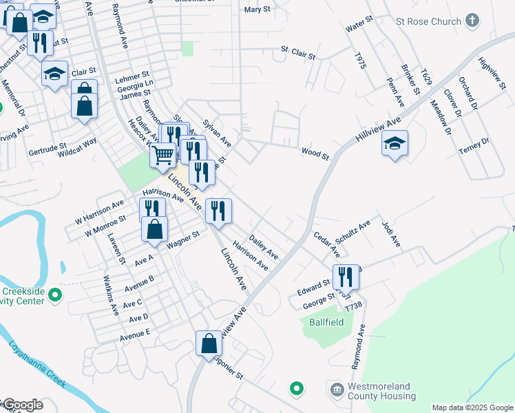 map of restaurants, bars, coffee shops, grocery stores, and more near 2147 Raymond Avenue in Latrobe