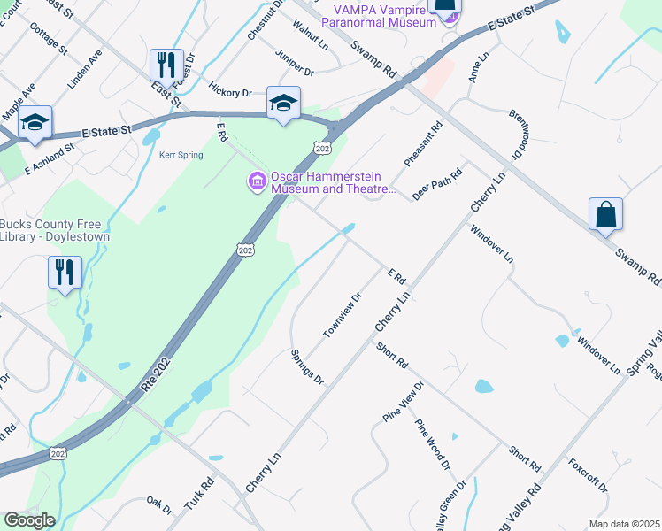 map of restaurants, bars, coffee shops, grocery stores, and more near 21 Springs Drive in Doylestown