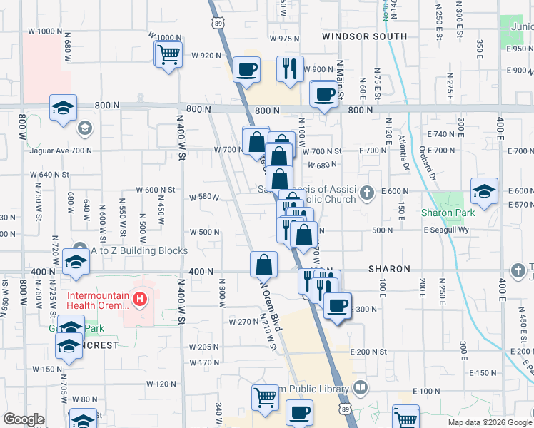 map of restaurants, bars, coffee shops, grocery stores, and more near West 540 North in Orem