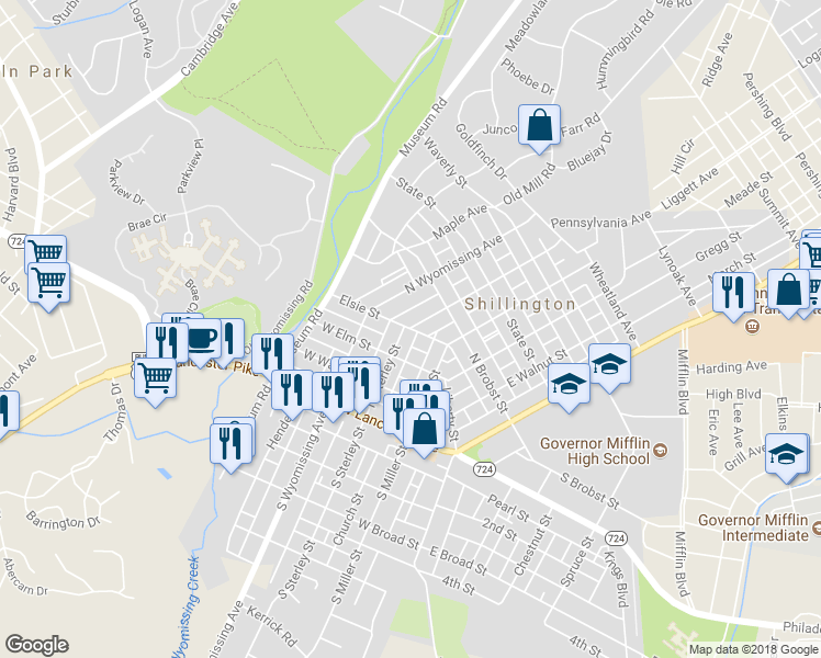 map of restaurants, bars, coffee shops, grocery stores, and more near 0 Pennsylvania Avenue in Reading