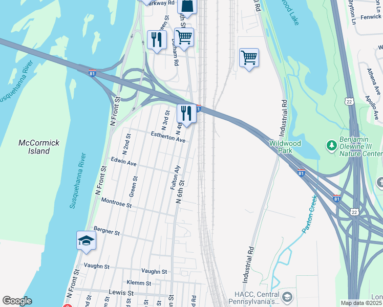 map of restaurants, bars, coffee shops, grocery stores, and more near 3625 North 6th Street in Harrisburg