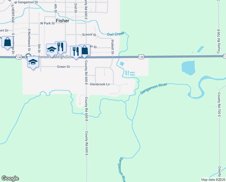 map of restaurants, bars, coffee shops, grocery stores, and more near 53 Meadow Lane in Fisher