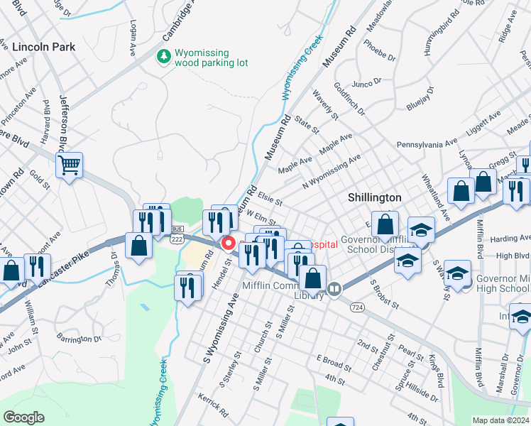 map of restaurants, bars, coffee shops, grocery stores, and more near 106 North Wyomissing Avenue in Shillington
