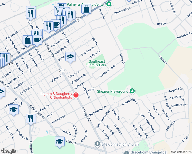 map of restaurants, bars, coffee shops, grocery stores, and more near 3 Sandalwood Drive in Palmyra