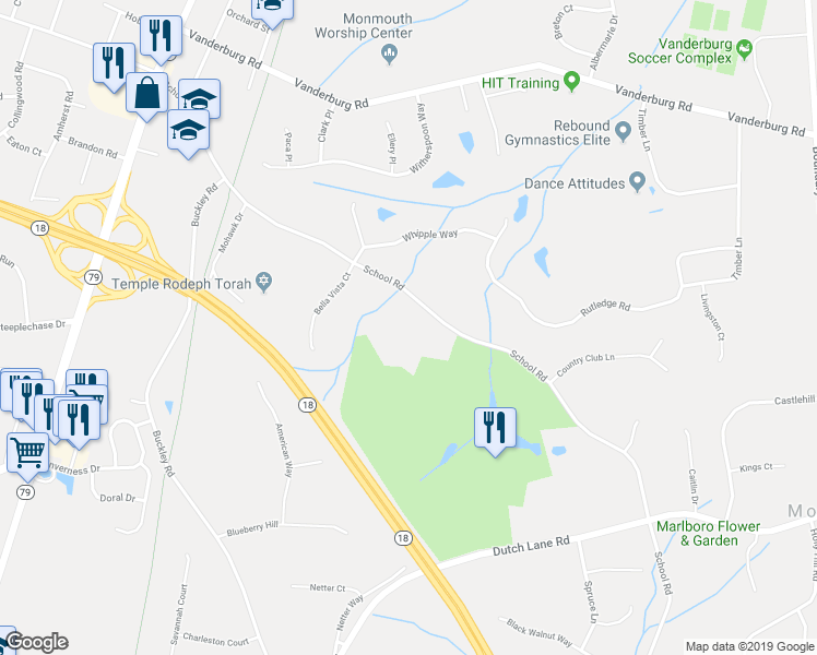 map of restaurants, bars, coffee shops, grocery stores, and more near 62 School Road in Marlboro Township
