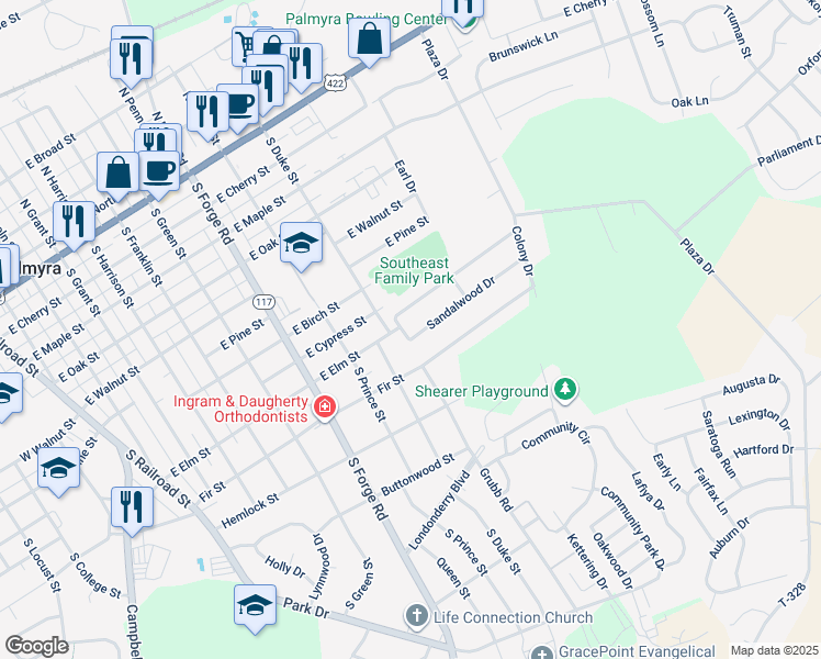 map of restaurants, bars, coffee shops, grocery stores, and more near 3 Sandalwood Drive in Palmyra